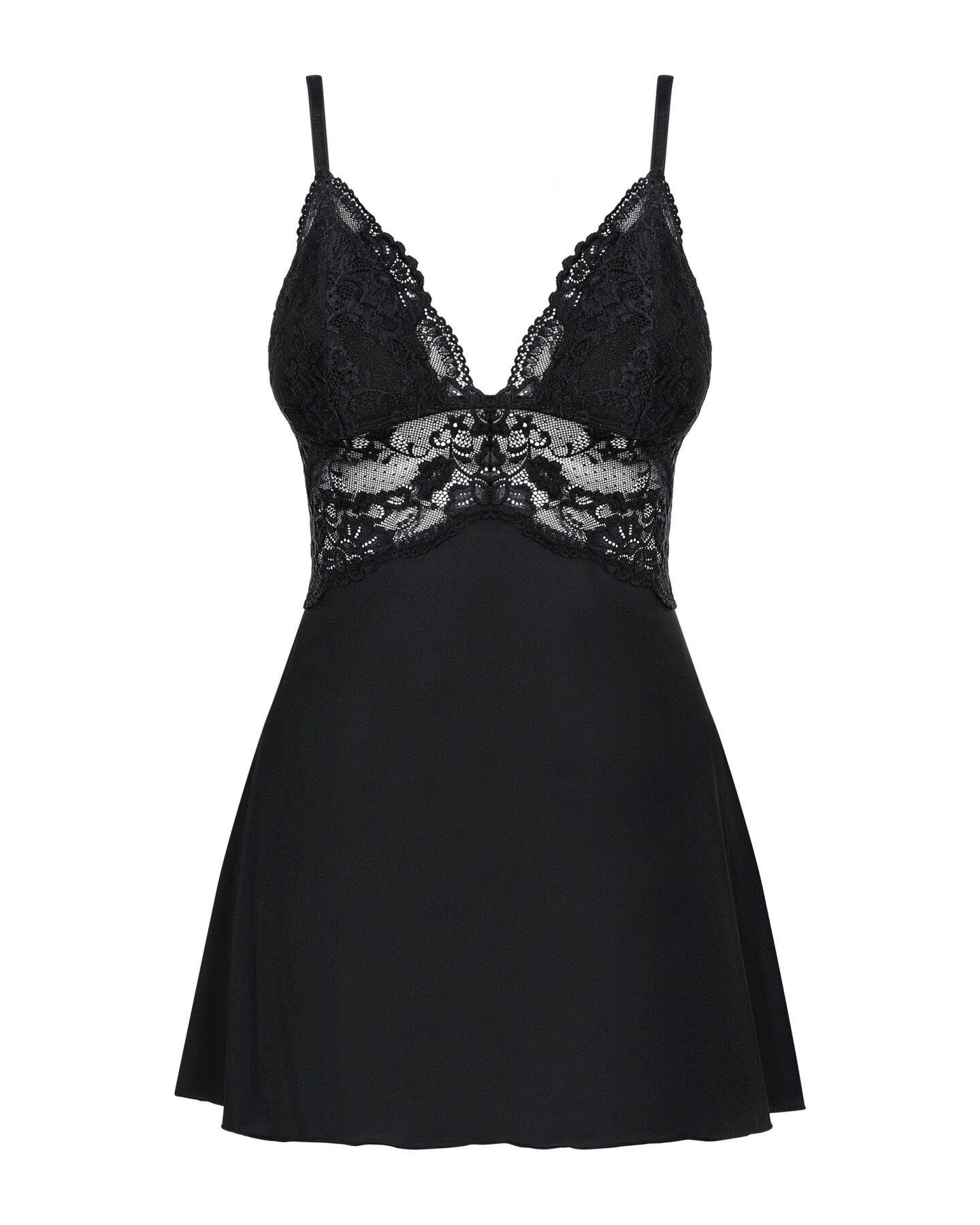 Obsessive (Польща) Сатиновий пеньюар із мереживом Obsessive 810-BAB-1 babydoll & thong S/M, чорний, пеньюар, танга