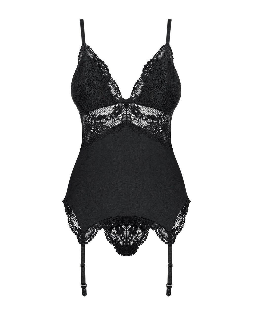 Obsessive (Польща) Сатиновий мереживний корсет Obsessive 810-COR-1 babydoll & thong S/M, чорний, корсет, танга