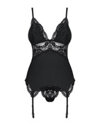 Сатиновий мереживний корсет Obsessive 810-COR-1 babydoll & thong S/M, чорний, корсет, танга