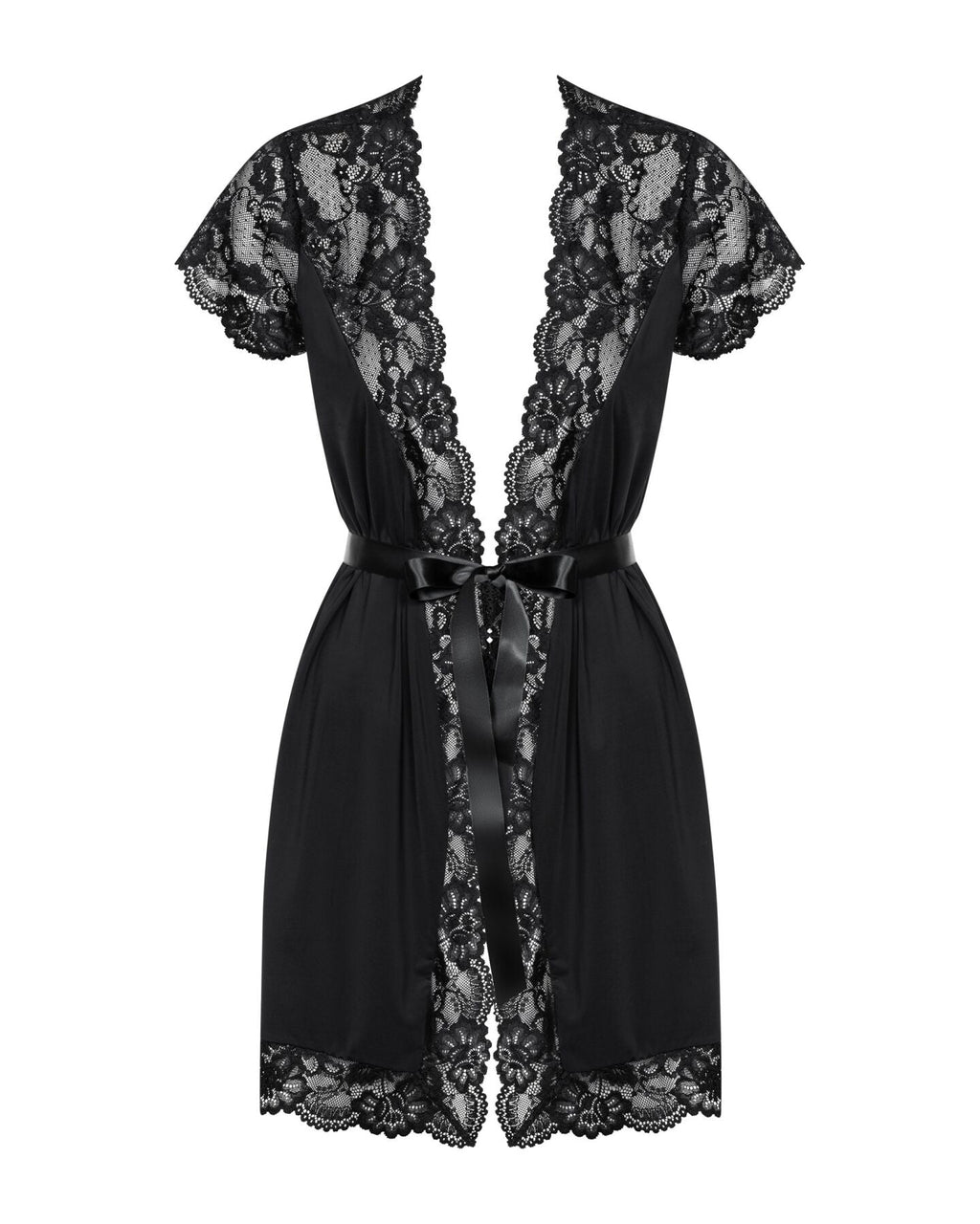 Сатиновий відкритий пеньюар на поясі Obsessive 810-PEI–1 peignoir black L/XL, чо