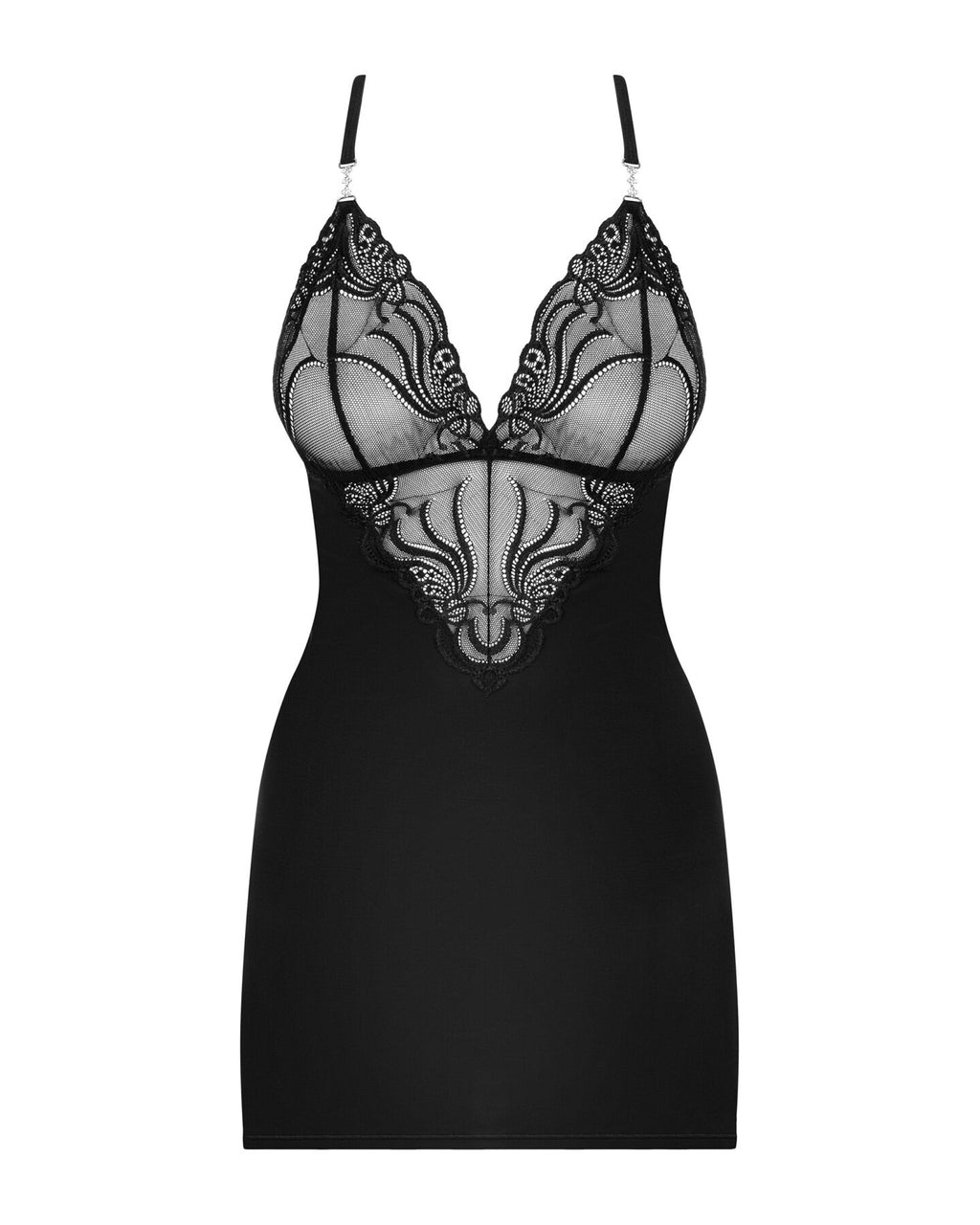 Obsessive (Польща) Сатиновий комплект для сну з мереживом Obsessive 828-CHE-1 chemise & thong S/M, чорний, сорочка, стр