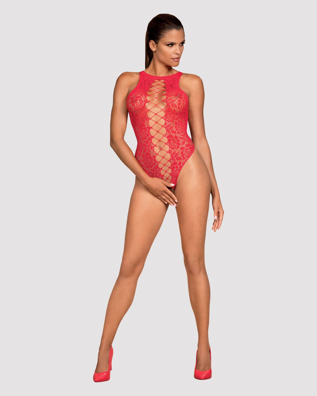 Obsessive (Польща) Ажурний бодістокінг із ефектом шнурівки Obsessive B120 teddy red S/M/L, червоний