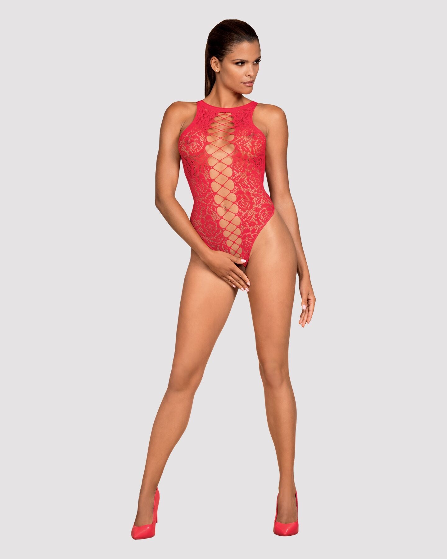 Obsessive (Польща) Ажурний бодістокінг із ефектом шнурівки Obsessive B120 teddy red S/M/L, червоний
