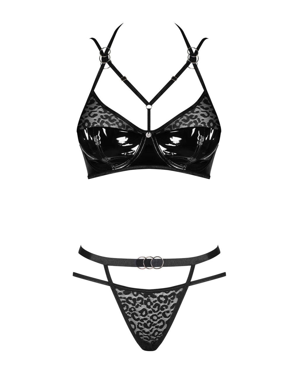 Obsessive (Польща) Еротичний комплект під латекс зі стрепами Obsessive Bagirela 2-pcs set L/XL, чорний, під леопард, бю