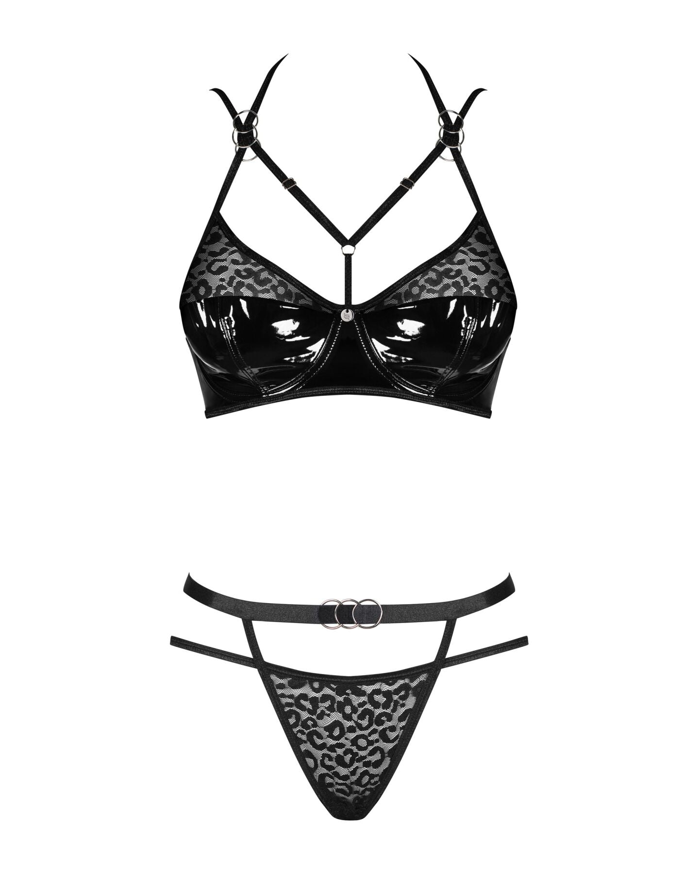 Obsessive (Польща) Еротичний комплект під латекс зі стрепами Obsessive Bagirela 2-pcs set L/XL, чорний, під леопард, бю
