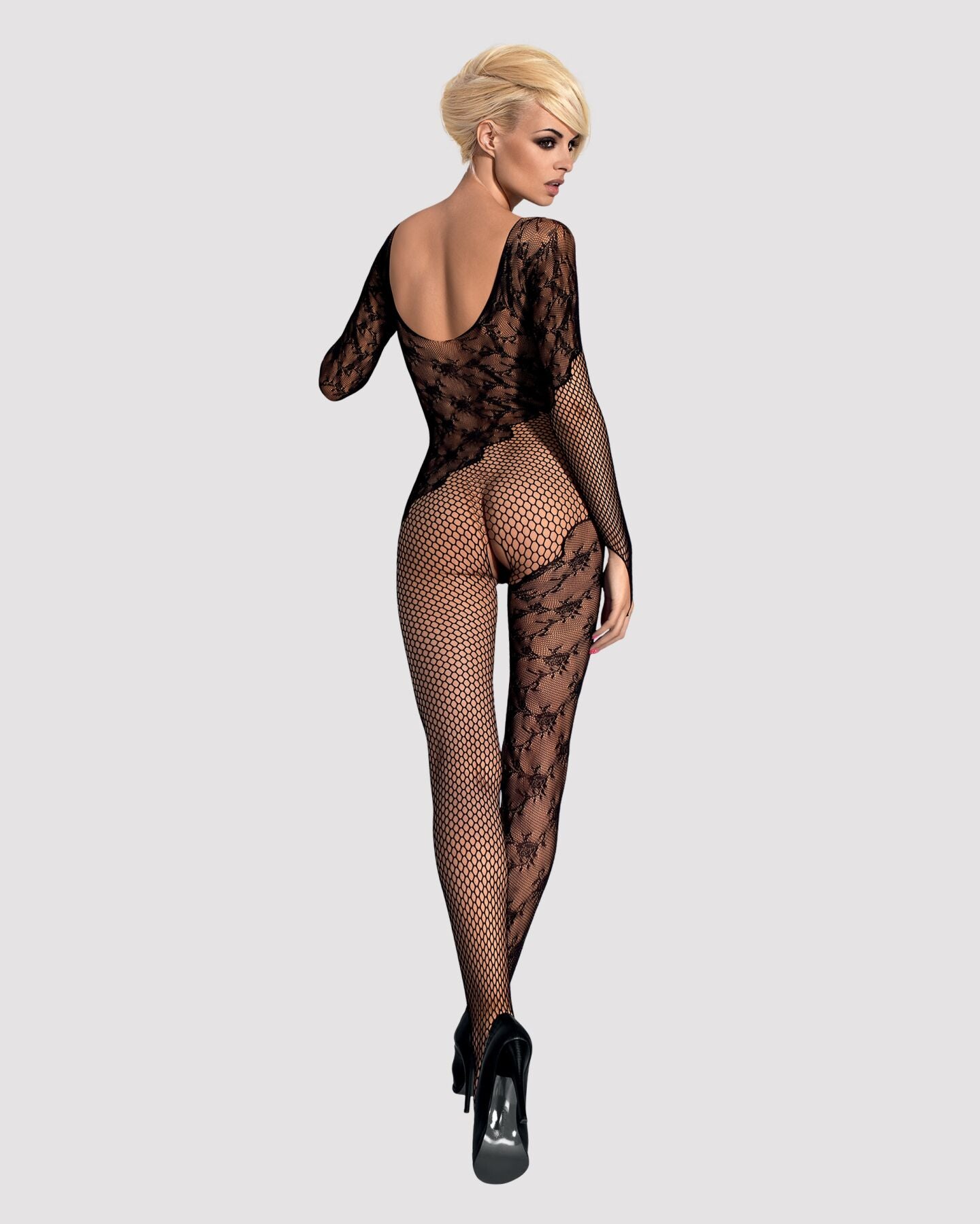 Obsessive (Польща) Бодістокінг Obsessive Bodystocking F210 S/M/L black, рукава-мітенки, сітка, кольорове мереживо