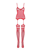 Бодістокінг Obsessive Bodystocking F214 red/L, імітація корсета та панчіх на підв’язках