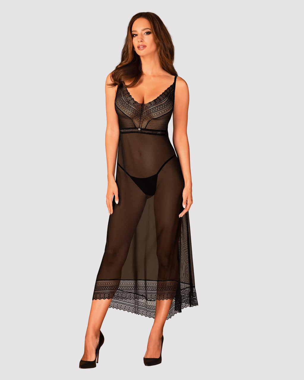 Obsessive (Польща) Напівпрозора довга сорочка Obsessive Estiqua chemise XL/2XL, чорний, асиметричний крій
