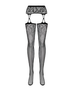 Панчохи-стокінги з рослинним малюнком Obsessive Garter stockings S206 black S/M/L чорні, імітація га