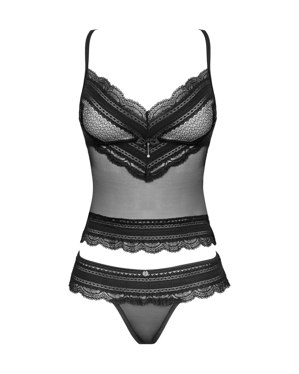 Obsessive (Польща) Напівпрозорий набір з прикрасами Obsessive Ivannes top & thong 2XL/3XL, чорний, топ та танга