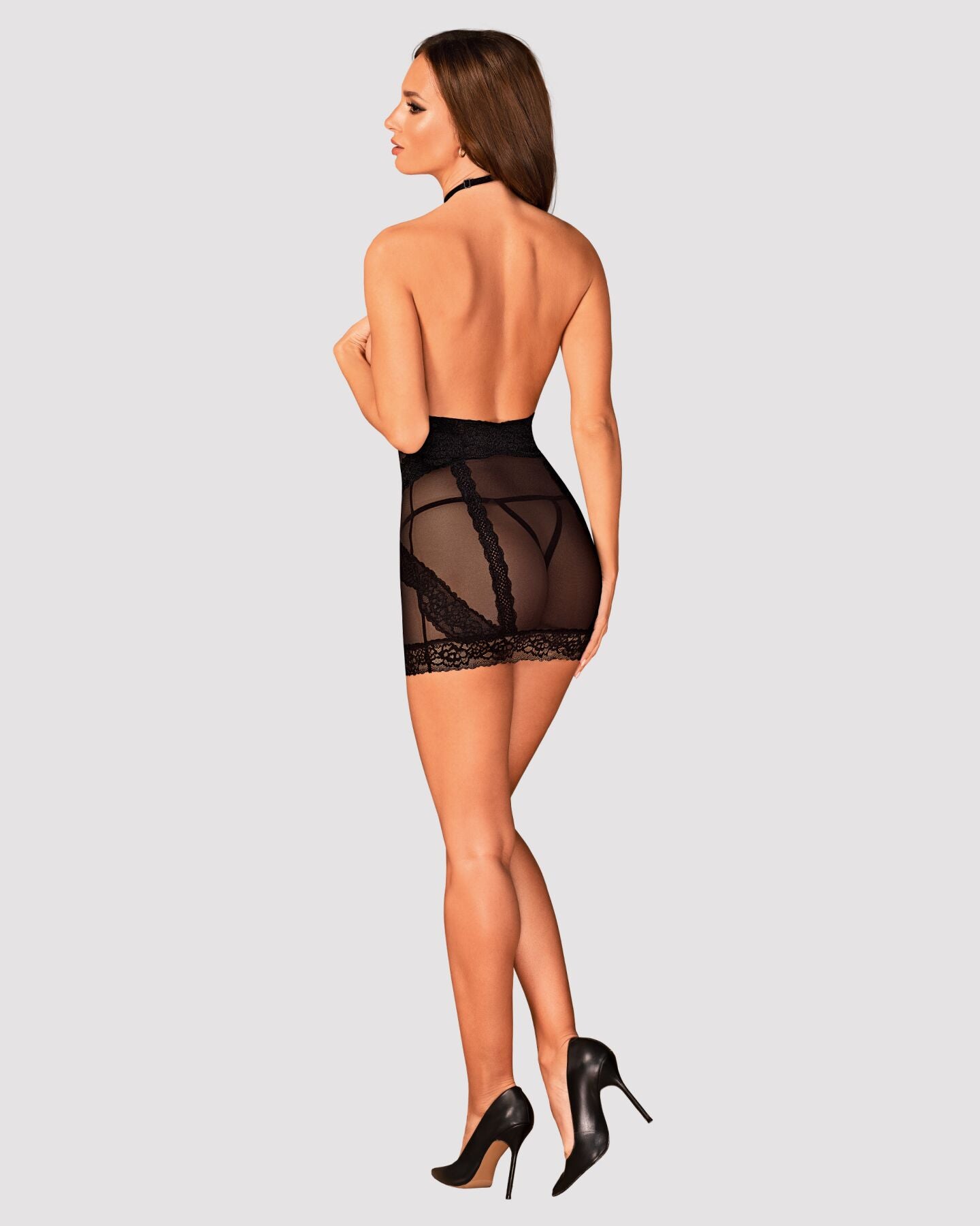 Obsessive (Польща) Напівпрозора сорочка з відкритими грудьми Obsessive Lacrisia chemise M/L, чорна, з чокером