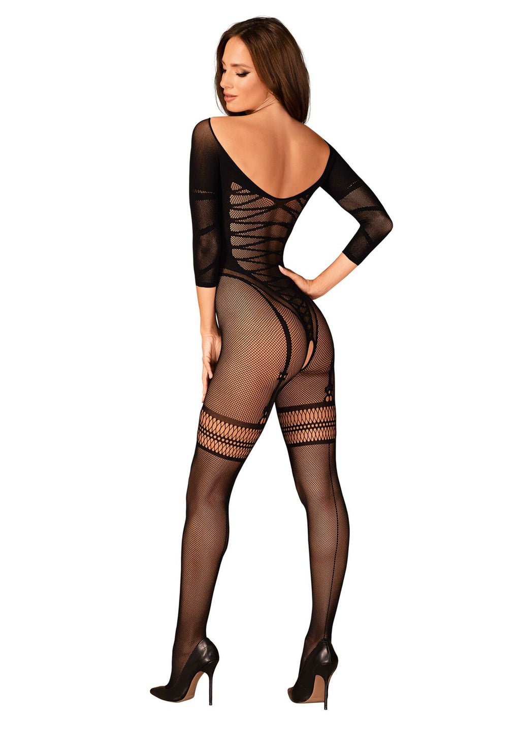 Obsessive (Польща) Сітчастий бодістокінг з імітацією підв’язок Obsessive Bodystocking G329 XL/XXL, black, з доступом