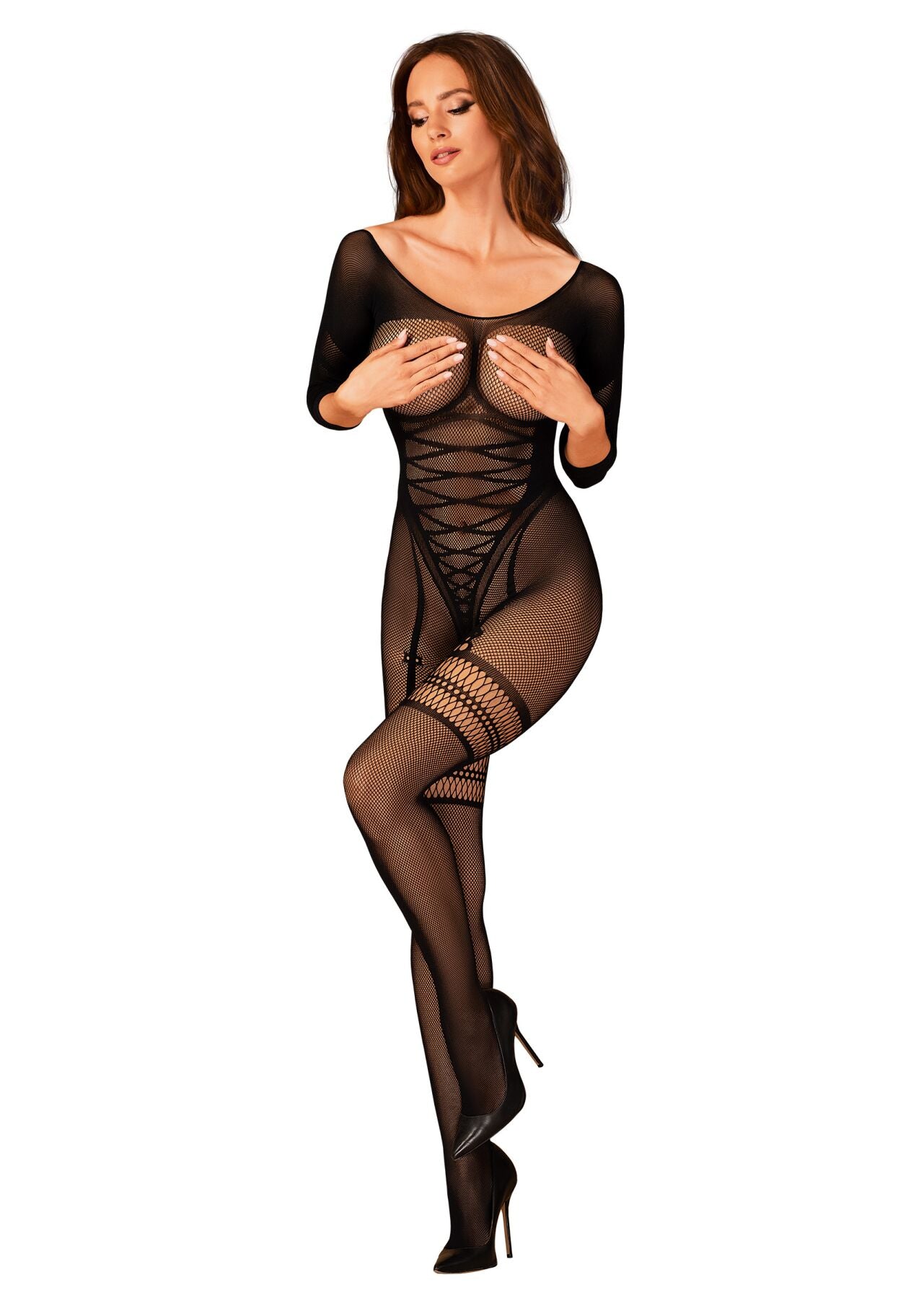 Obsessive (Польща) Сітчастий бодістокінг з імітацією підв’язок Obsessive Bodystocking G329 XL/XXL, black, з доступом
