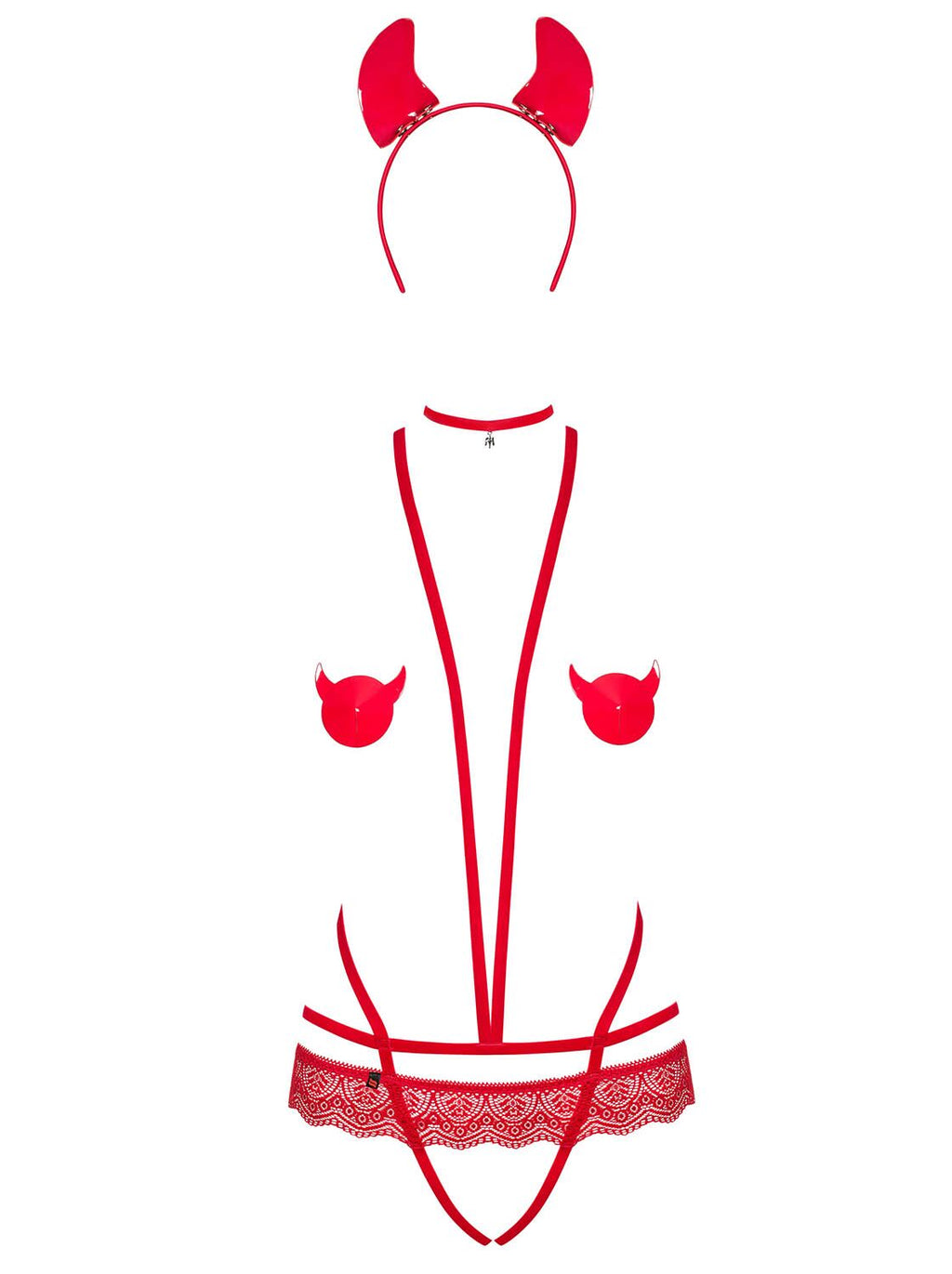 Obsessive (Польща) Еротичний костюм чортика зі стреп Obsessive Evilia teddy red S/M, боді, чокер, накладки на соски, обруч з ріжками