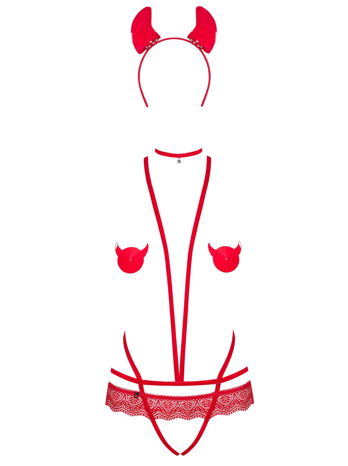 Obsessive (Польща) Еротичний костюм чортика зі стреп Obsessive Evilia teddy red S/M, боді, чокер, накладки на соски, обруч з ріжками