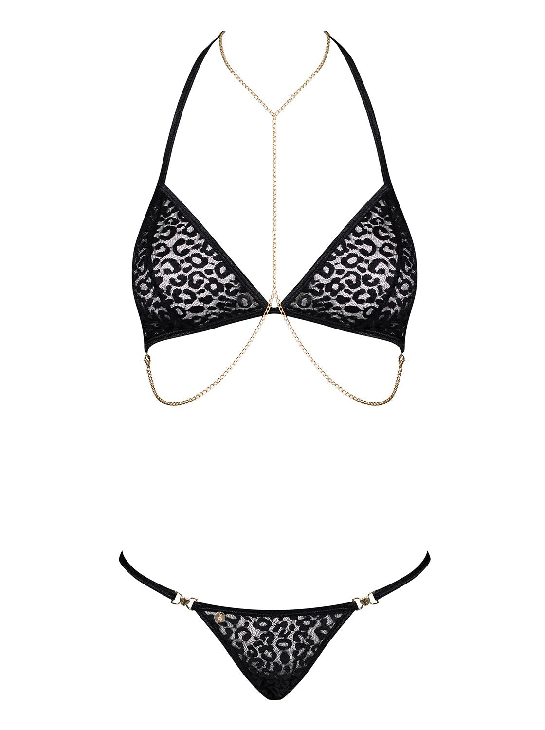 Obsessive (Польща) Комплект із ланцюжками Obsessive Pantheria 2-pcs set black L/XL, бюстгальтер, трусики