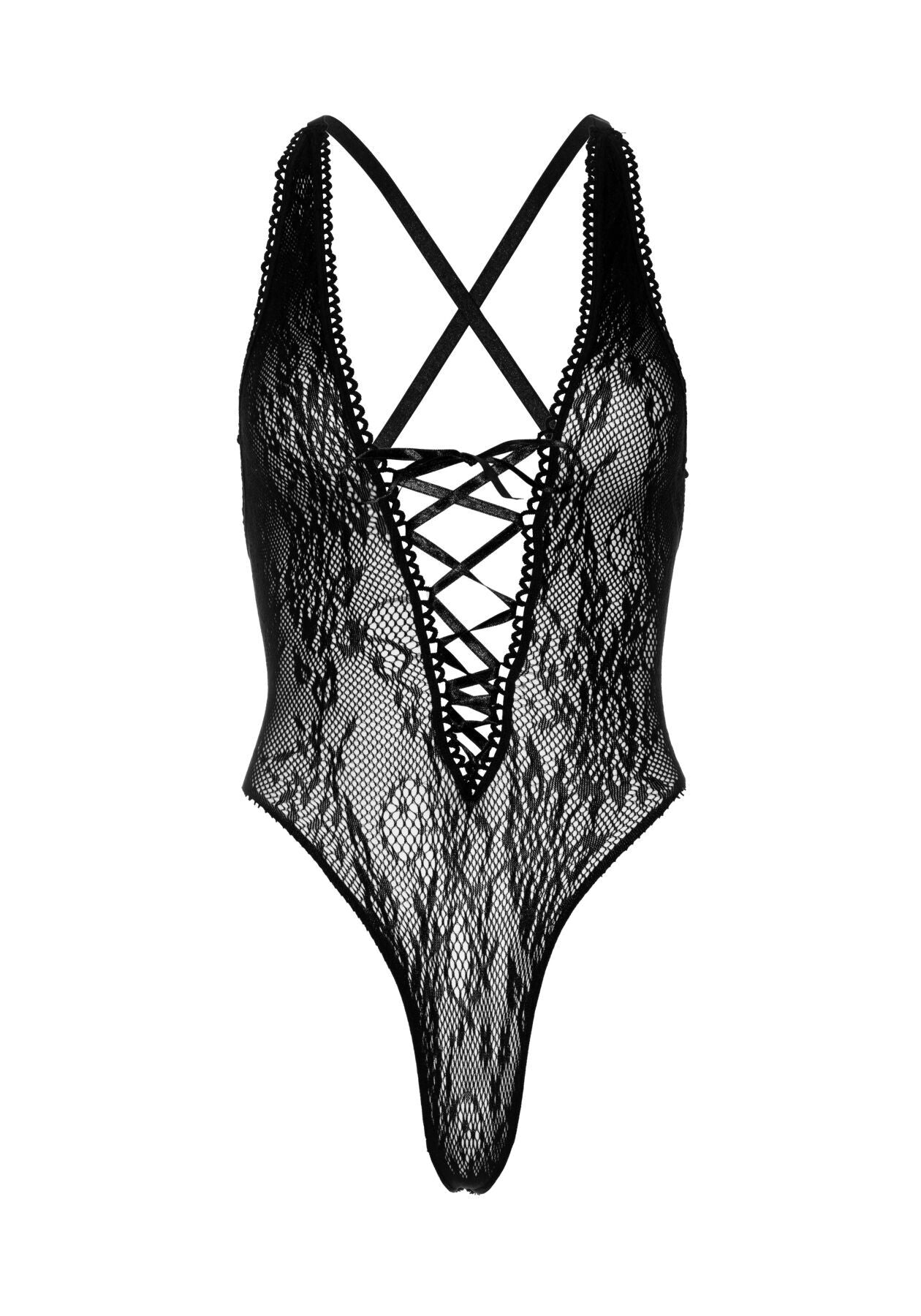 Leg Avenue (США) Мереживне боді Leg Avenue Floral lace thong teddy Black, шнурівка на грудях, one size