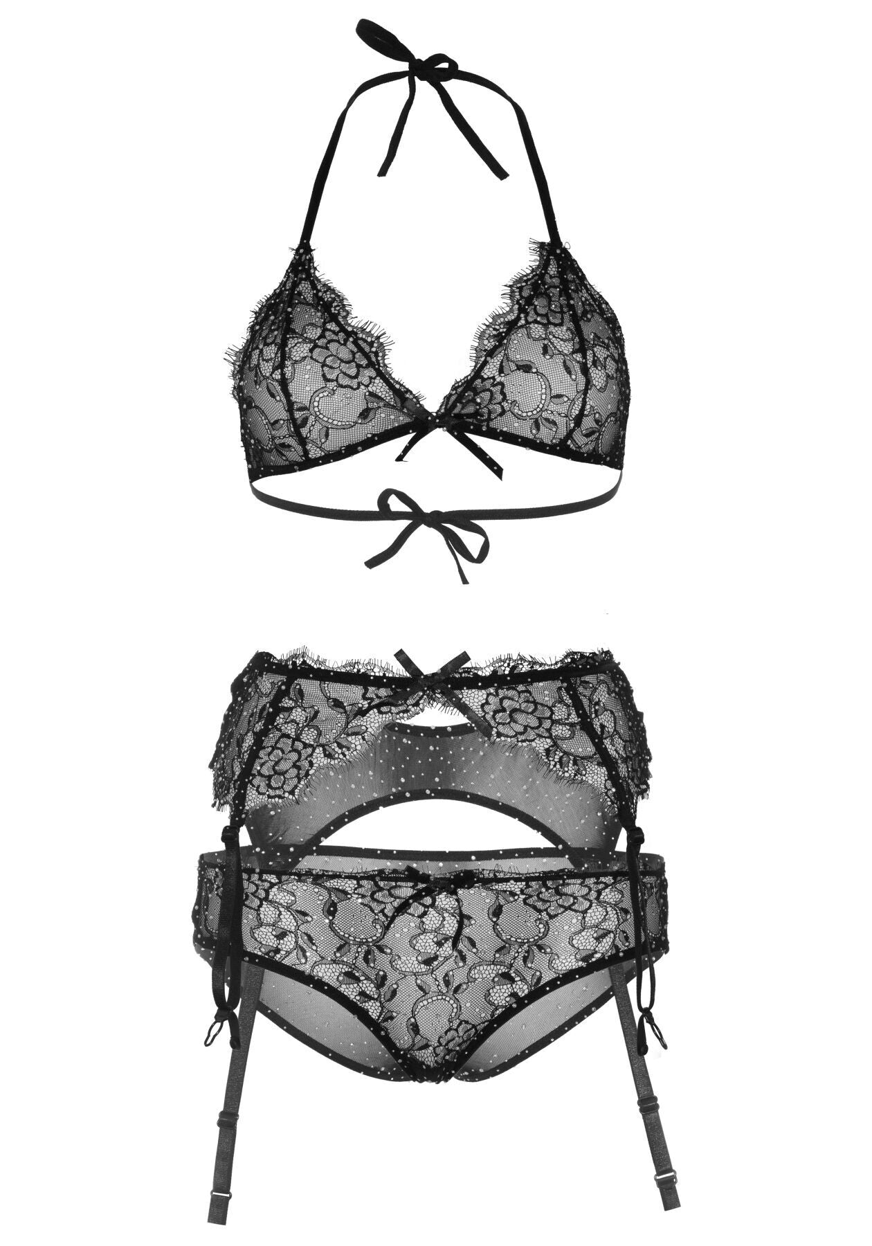 Leg Avenue (США) Мереживний комплект зі стразами Leg Avenue Bright Lights Rhinestone L (трусики, бра, пояс для панчіх