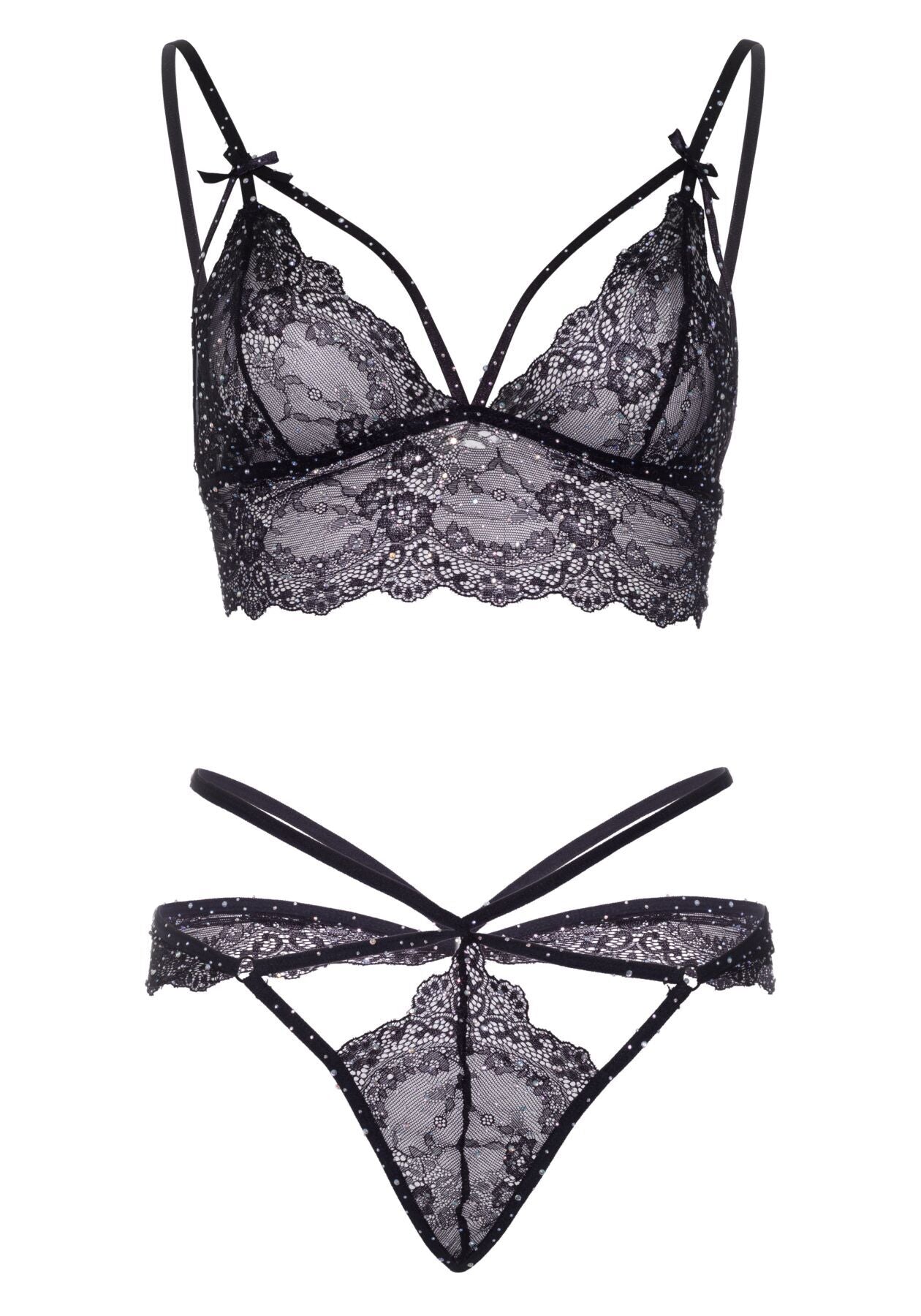 Leg Avenue (США) Еротичний комплект зі стрепами та стразами Leg Avenue Ready Or Not L Black, бра + стрінги