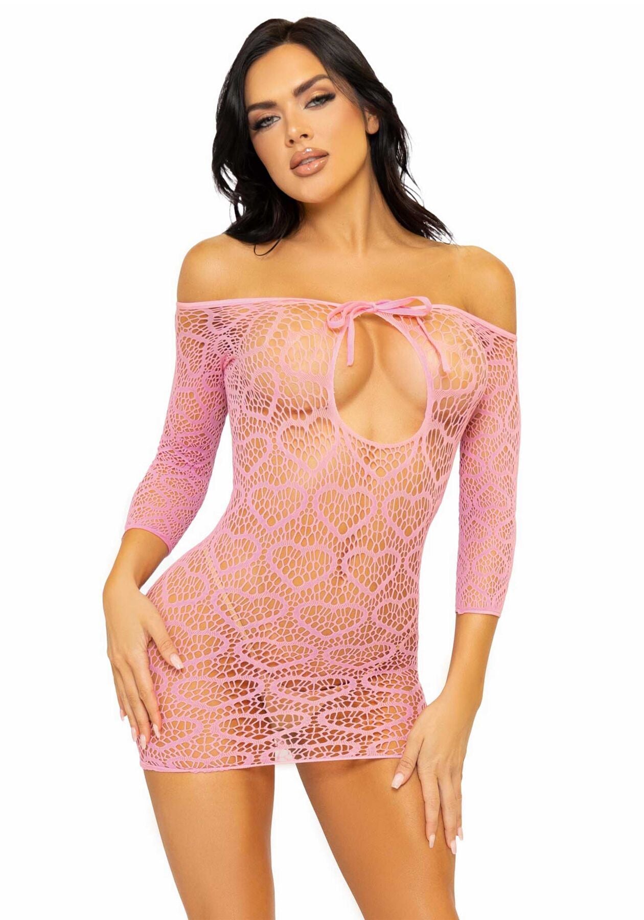 Leg Avenue (США) Сукня-сітка з сердечками Leg Avenue Heart net mini dress Pink, зав’язки, відкриті плечі, one size