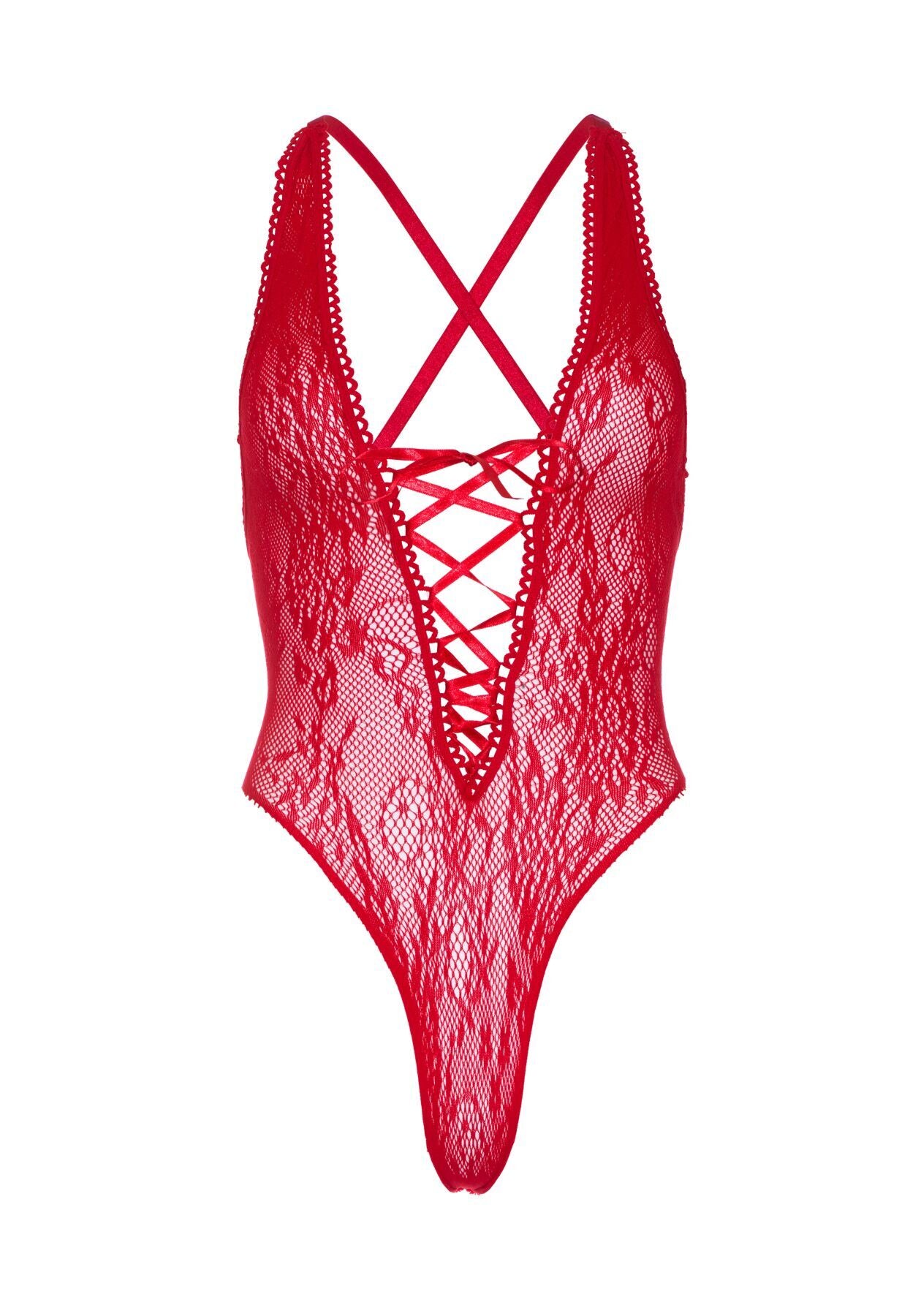 Leg Avenue (США) Мереживне боді Leg Avenue Floral lace thong teddy Red, шнурівка на грудях, one size