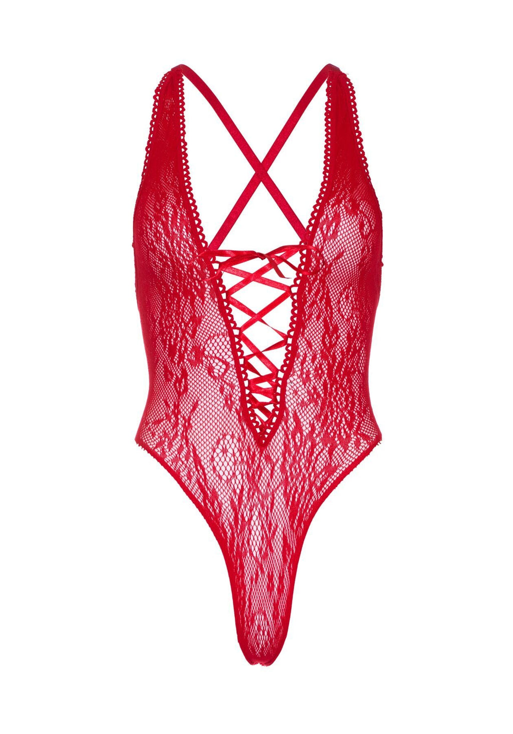 Мереживне боді Leg Avenue Floral lace thong teddy Red, шнурівка на грудях, one s