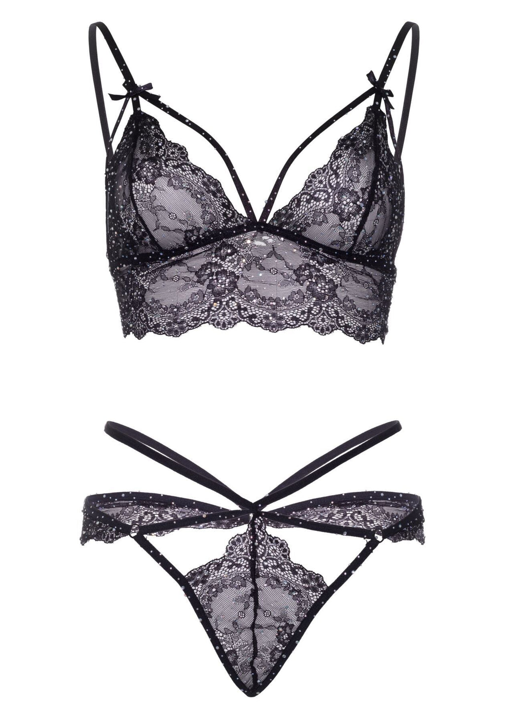Еротичний комплект зі стрепами та стразами Leg Avenue Ready Or Not M Black, бра 