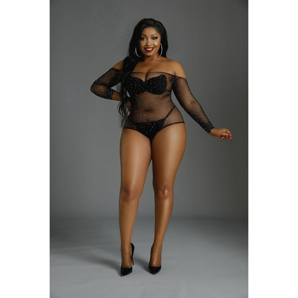 Moonlight (Іспанія) Сітчасте боді зі стразами Moonlight Plus Model 09 XL-XXXL Black, відкриті плечі