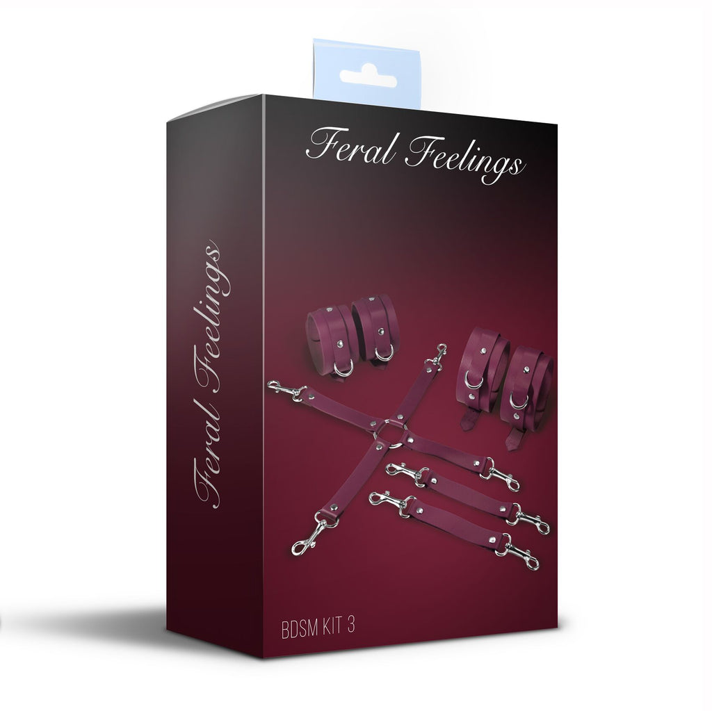 Feral Feelings (Україна) Набір для БДСМ Feral Feelings BDSM Kit 3 Burgundy, наручники, поножі, хрестовина
