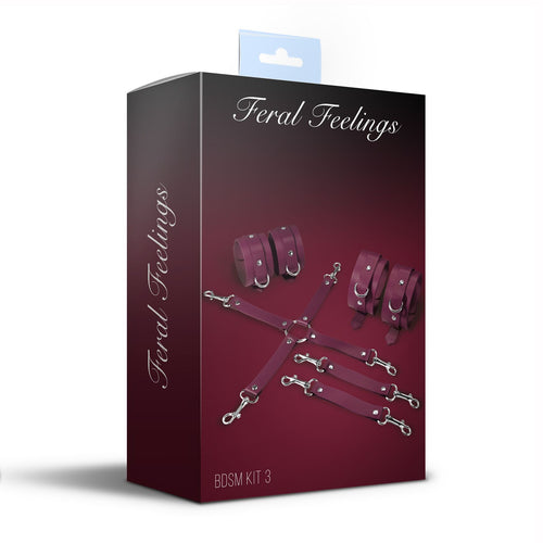 Feral Feelings (Україна) Набір для БДСМ Feral Feelings BDSM Kit 3 Burgundy, наручники, поножі, хрестовина