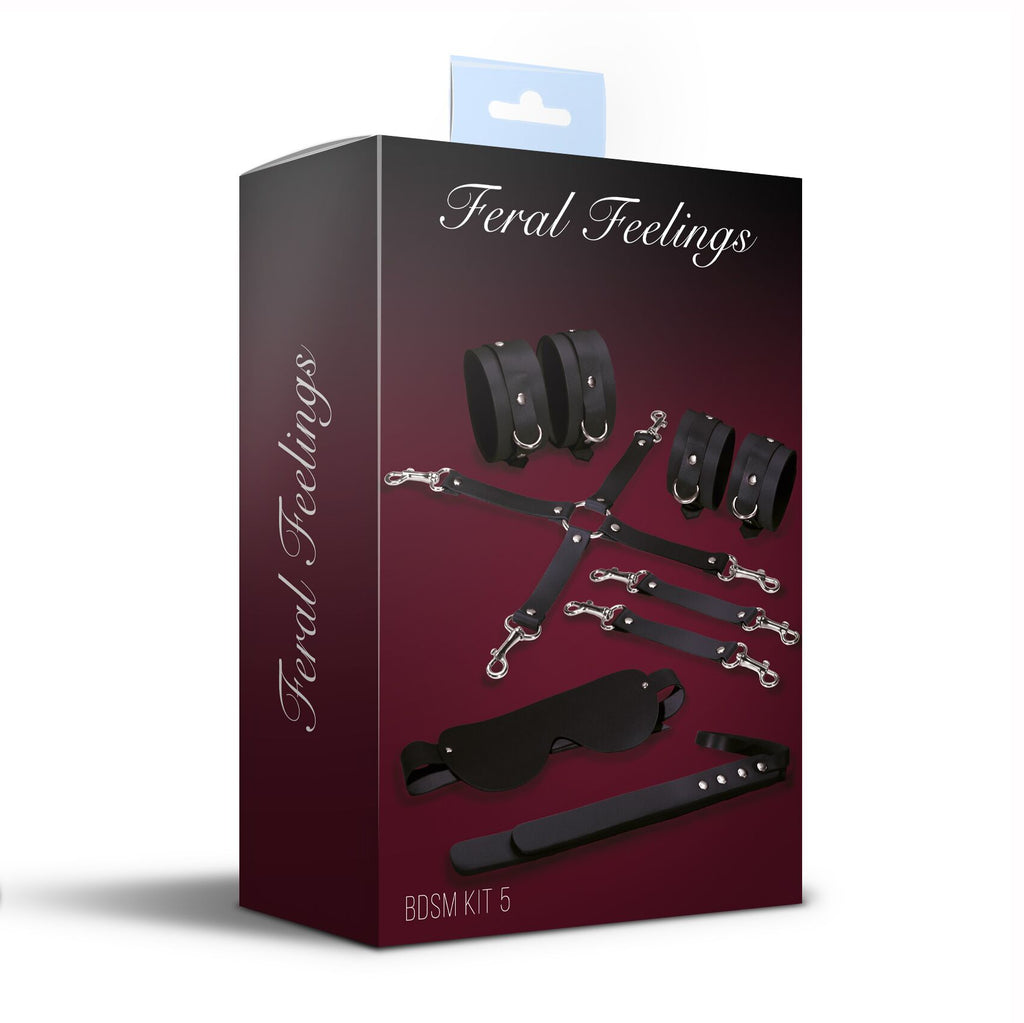 Feral Feelings (Україна) Набір Feral Feelings BDSM Kit 5 Black, наручники, поножі, хрестовина, маска, падл