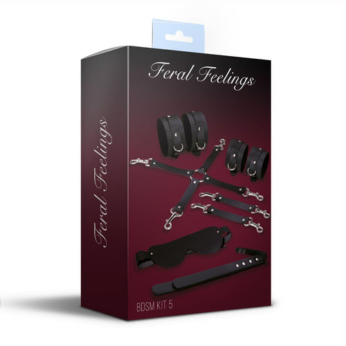 Feral Feelings (Україна) Набір Feral Feelings BDSM Kit 5 Black, наручники, поножі, хрестовина, маска, падл