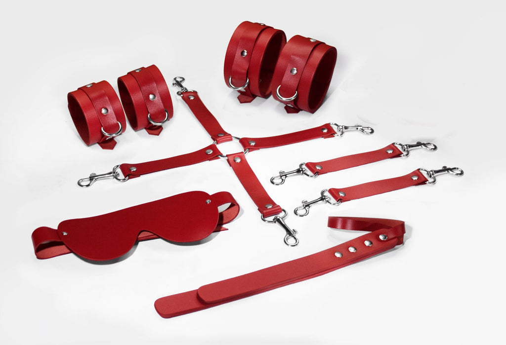 Feral Feelings (Україна) Набір Feral Feelings BDSM Kit 5 Red, наручники, поножі, хрестовина, маска, падл