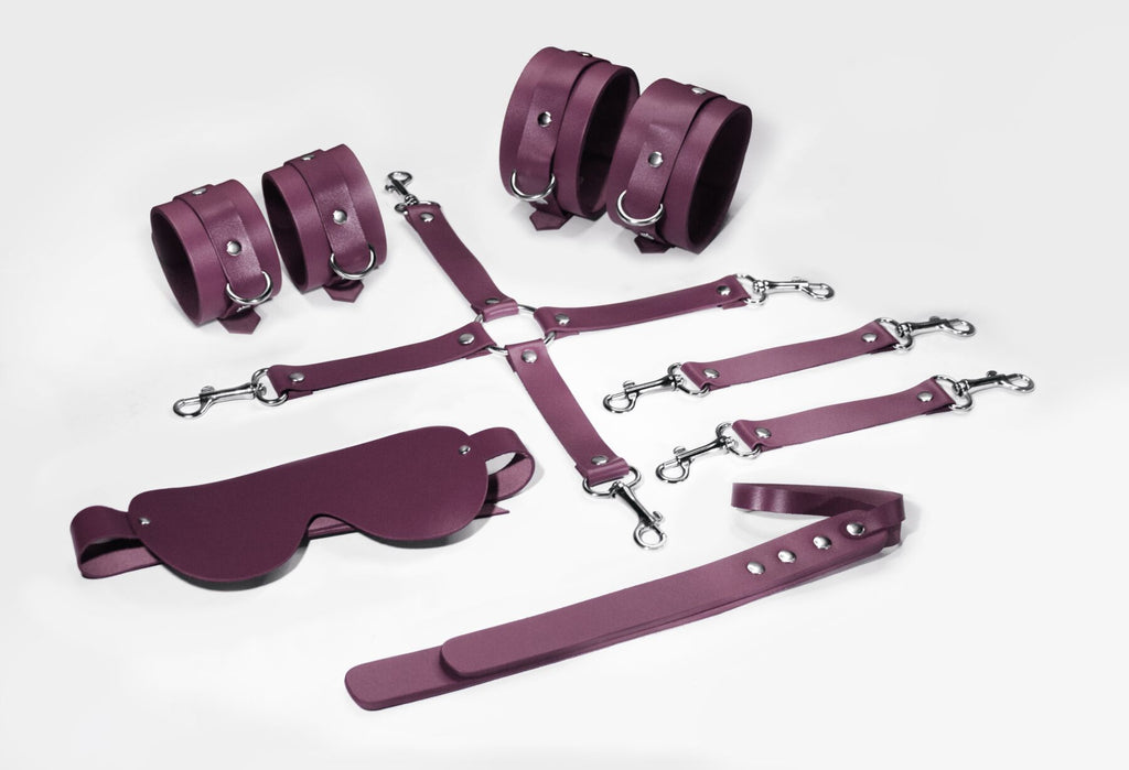 Feral Feelings (Україна) Набір Feral Feelings BDSM Kit 5 Burgundy, наручники, поножі, хрестовина, маска, падл
