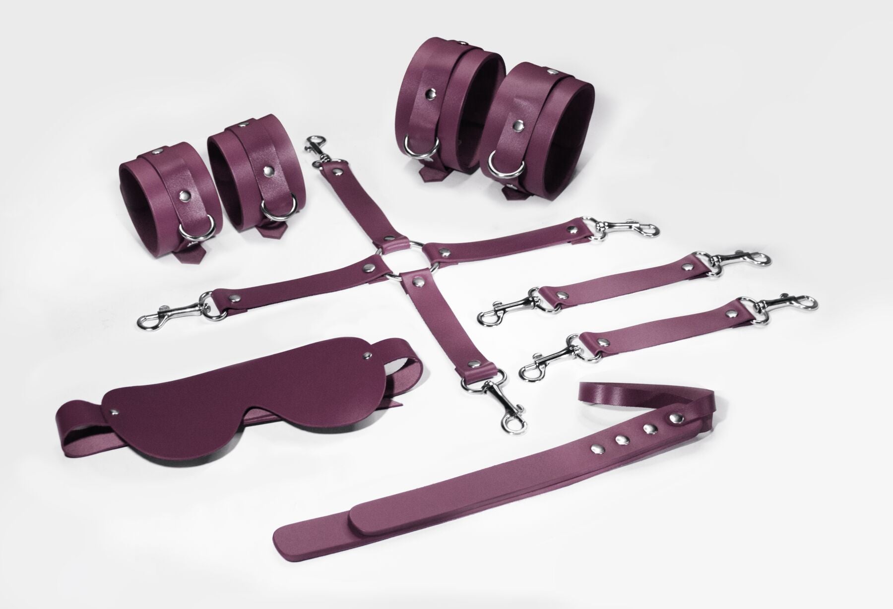 Feral Feelings (Україна) Набір Feral Feelings BDSM Kit 5 Burgundy, наручники, поножі, хрестовина, маска, падл