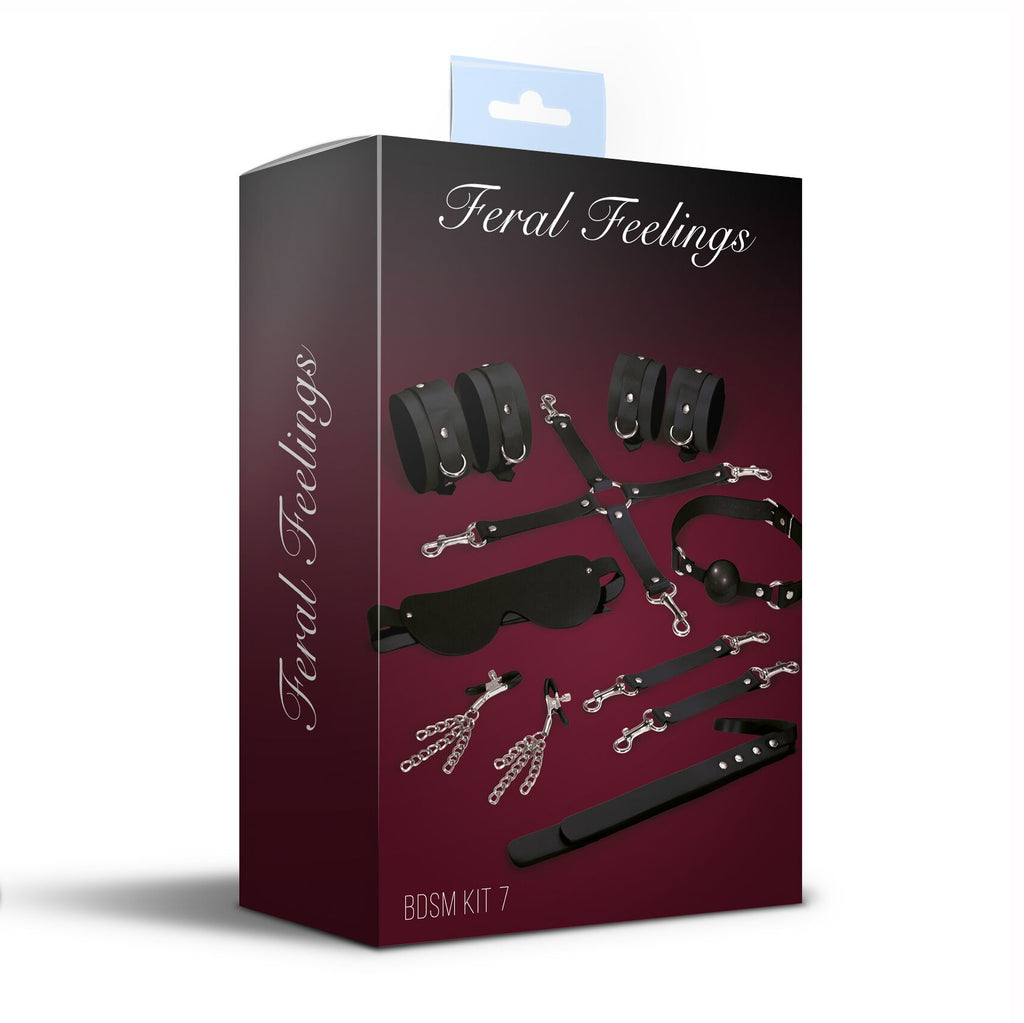 Feral Feelings (Україна) Набір Feral Feelings BDSM Kit 7 Black, наручники, поножі, конектор, маска, падл, кляп, затискачі