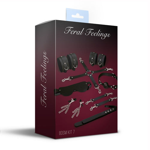 Feral Feelings (Україна) Набір Feral Feelings BDSM Kit 7 Black, наручники, поножі, конектор, маска, падл, кляп, затискачі