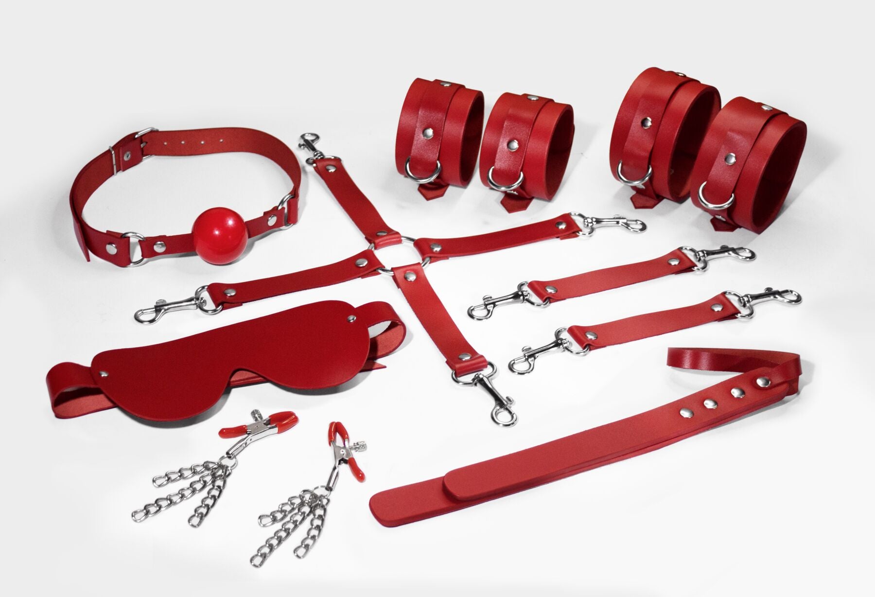 Feral Feelings (Україна) Набір Feral Feelings BDSM Kit 7 Red, наручники, поножі, конектор, маска, падл, кляп, затискачі