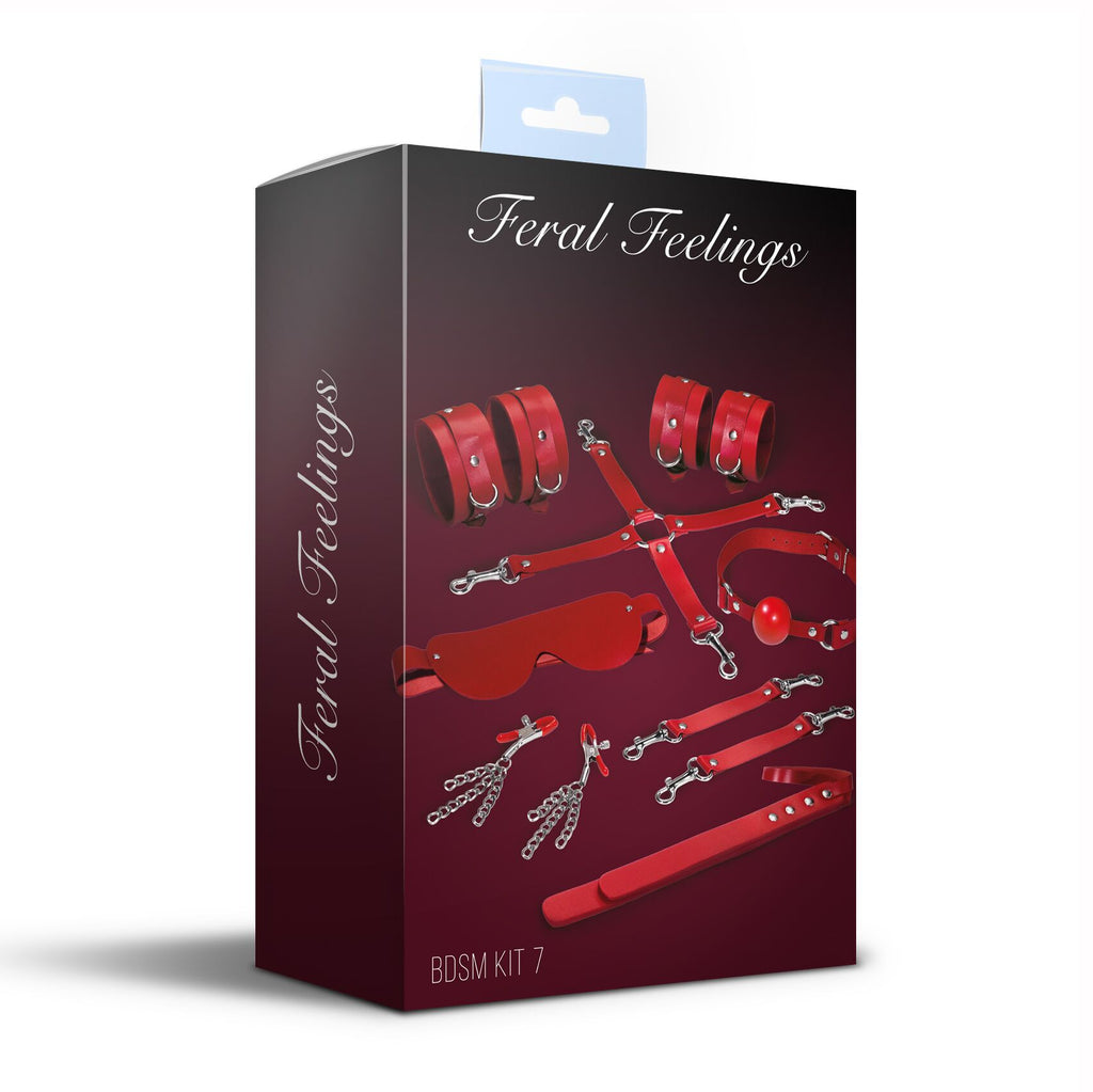 Feral Feelings (Україна) Набір Feral Feelings BDSM Kit 7 Red, наручники, поножі, конектор, маска, падл, кляп, затискачі
