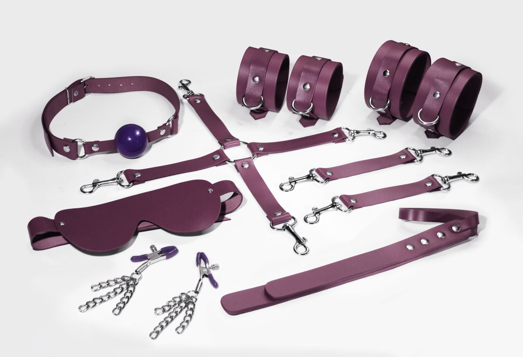 Feral Feelings (Україна) Набір Feral Feelings BDSM Kit 7 Burgundy, наручники, поножі, конектор, маска, падл, кляп, затискачі