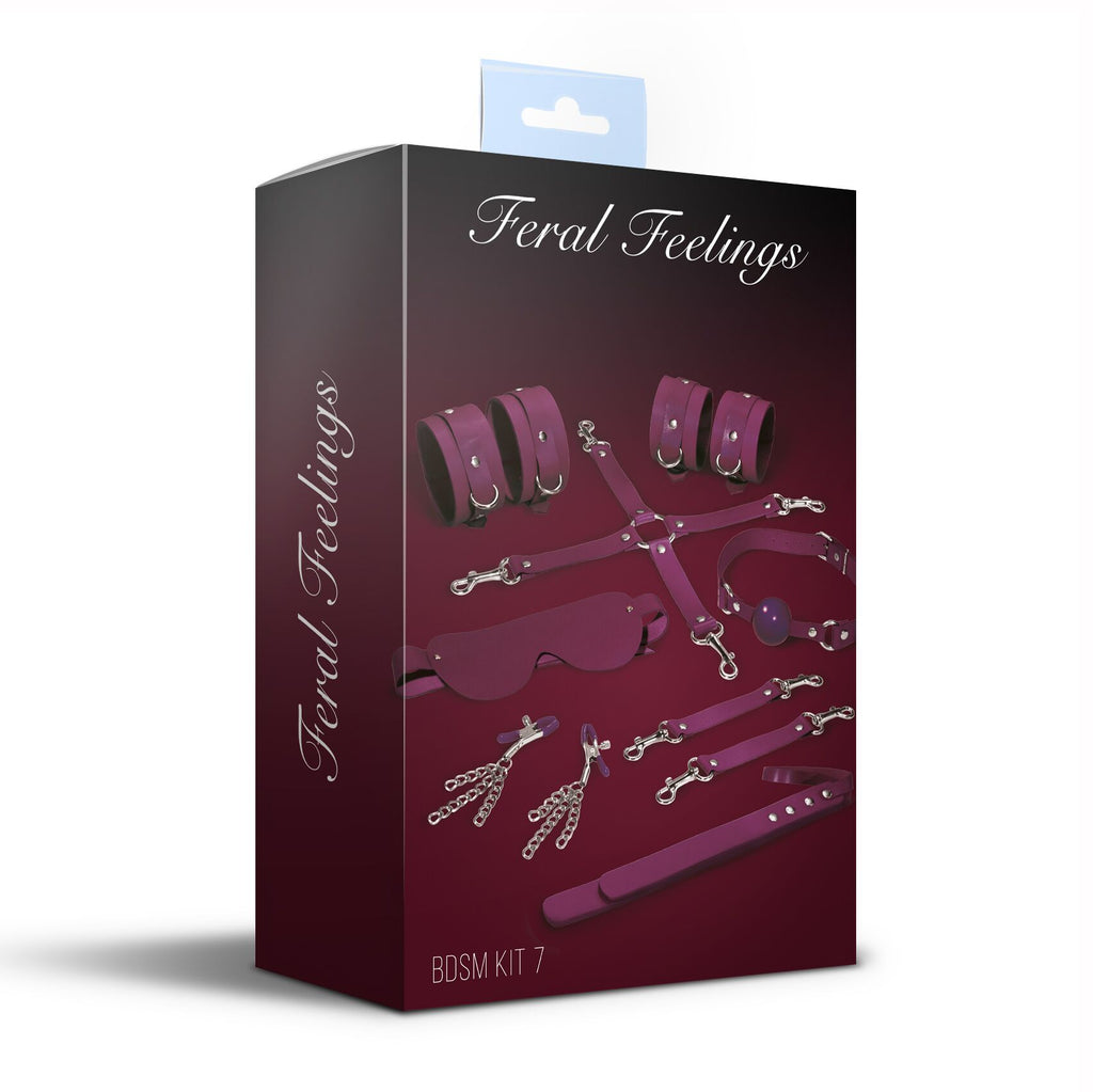 Feral Feelings (Україна) Набір Feral Feelings BDSM Kit 7 Burgundy, наручники, поножі, конектор, маска, падл, кляп, затискачі