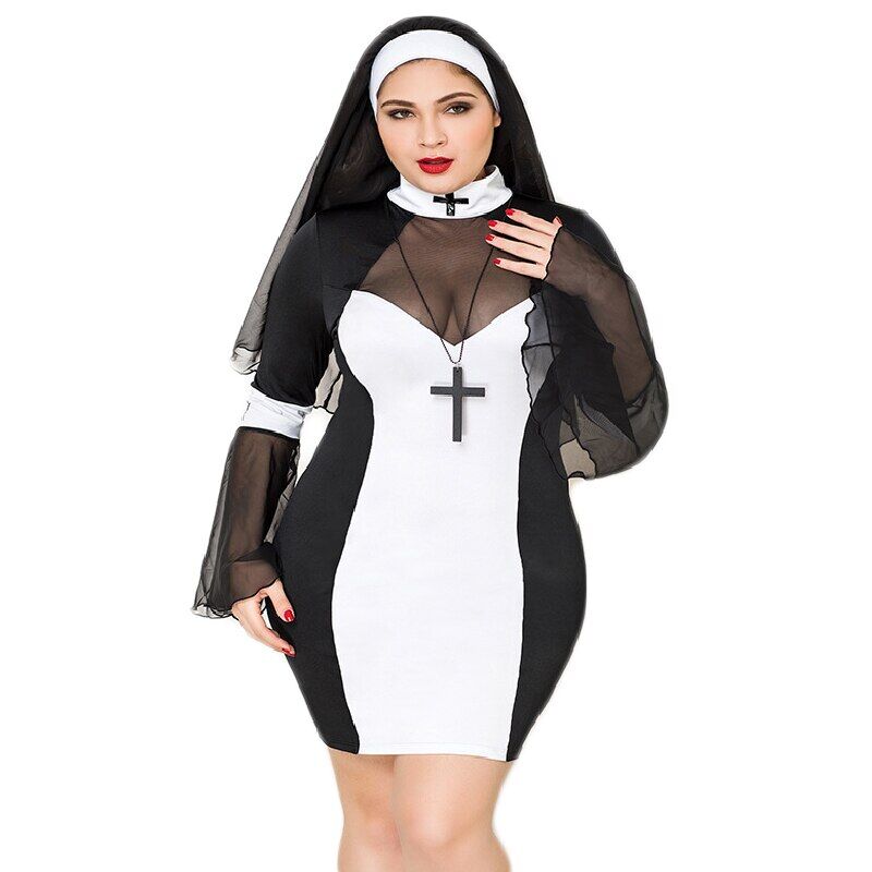 JSY (Китай) Еротичний костюм черниці JSY «Грішниця Лола» Plus Size Black, сукня, хрест, апостольник