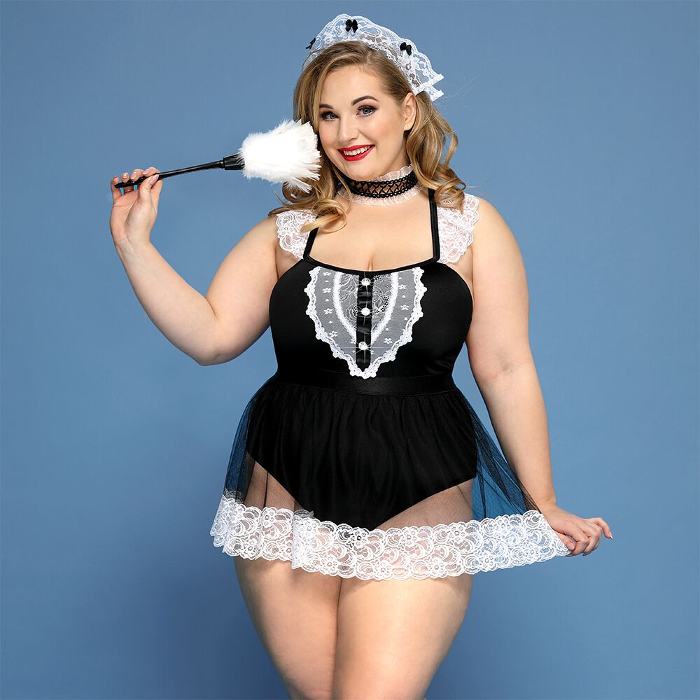 JSY (Китай) Костюм секс-покоївки JSY «Гаряча Кері» Plus Size Black, боді, спідниця, чокер, головний убір, мітелк