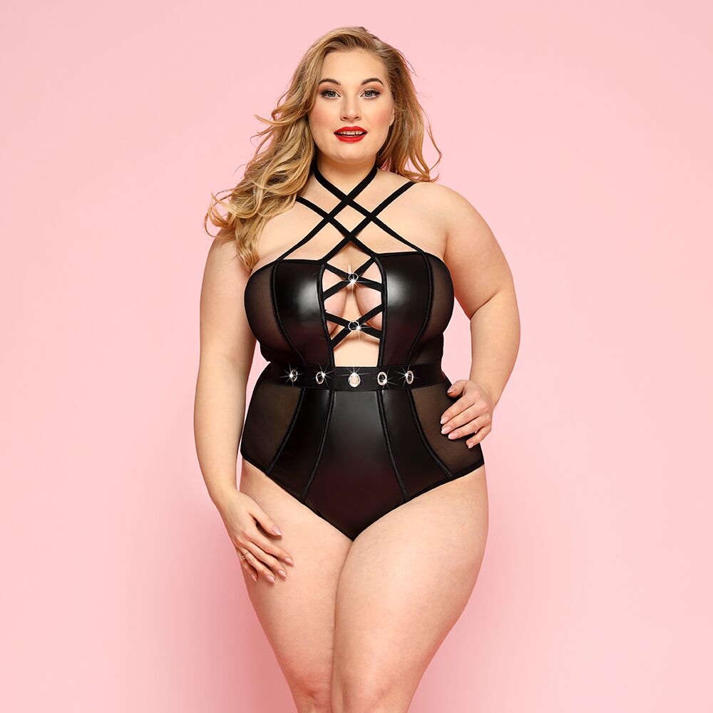 JSY (Китай) Сексуальне боді JSY «Пристрасна Лорейн» Plus Size Black, люверси, стрепи, екошкіра, шнурівка