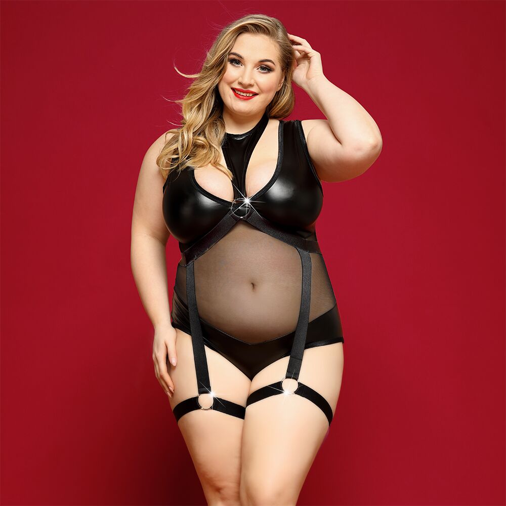 JSY (Китай) Елегантне боді з екошкіри JSY «Спокуслива Морган» Plus Size, Black, сітка, портупея з гартерами