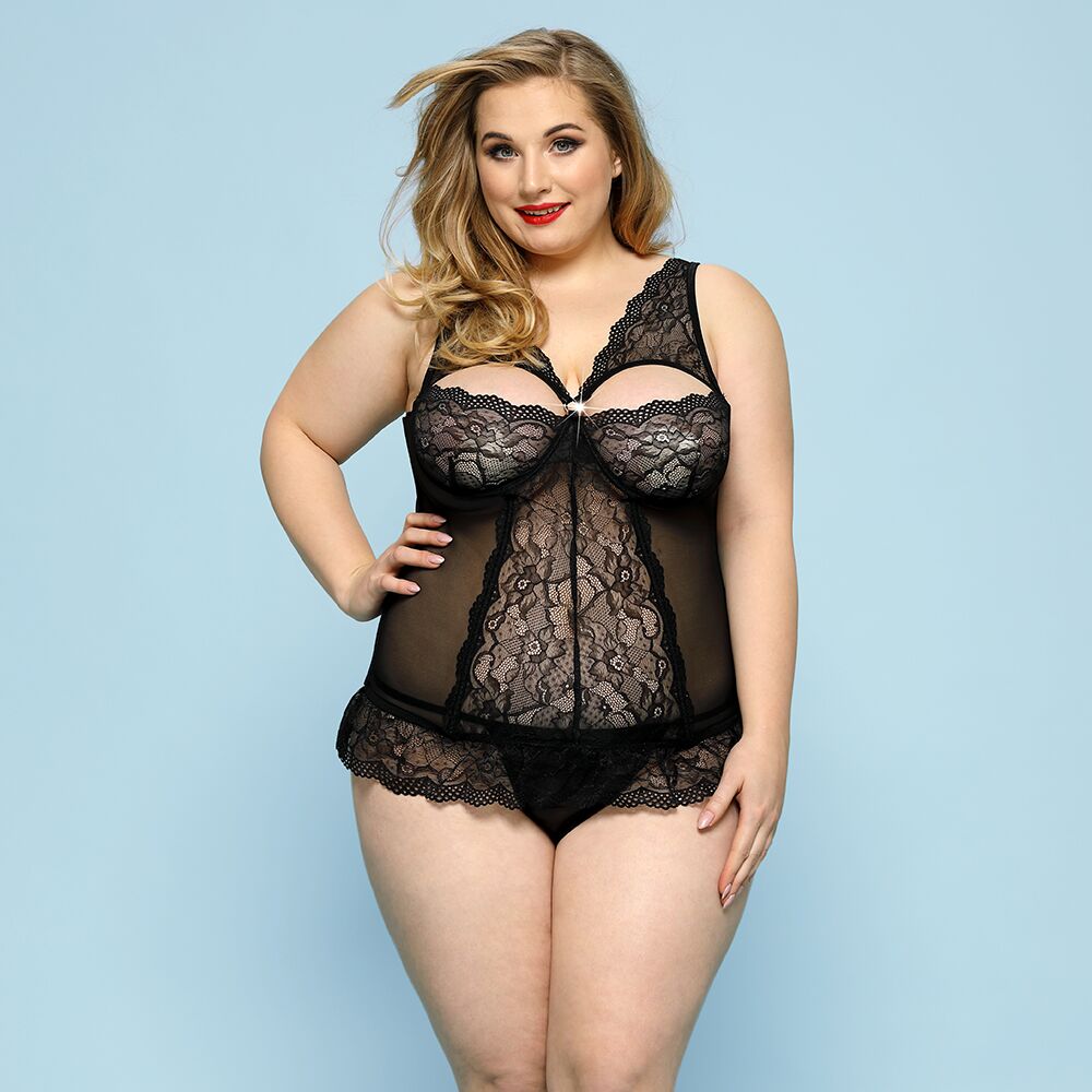 JSY (Китай) Сексуальний комплект білизни JSY «Скромниця Брук» Plus Size, Black, мереживо, корсет, стрінги