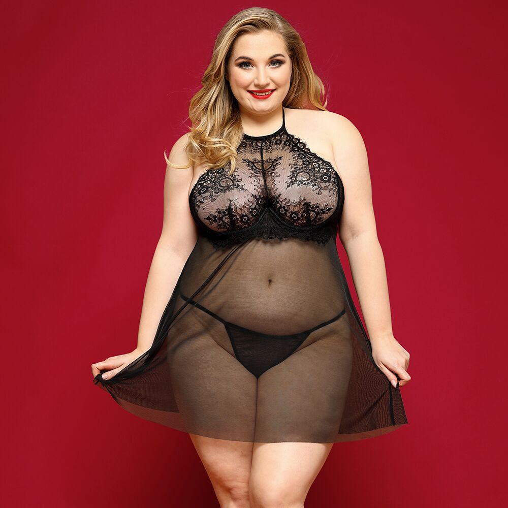 JSY (Китай) Сорочка бебі-дол JSY «Пристрасна Ліліт» Plus Size, Black, халтер, дрібна сітка, мереживо, стрінги