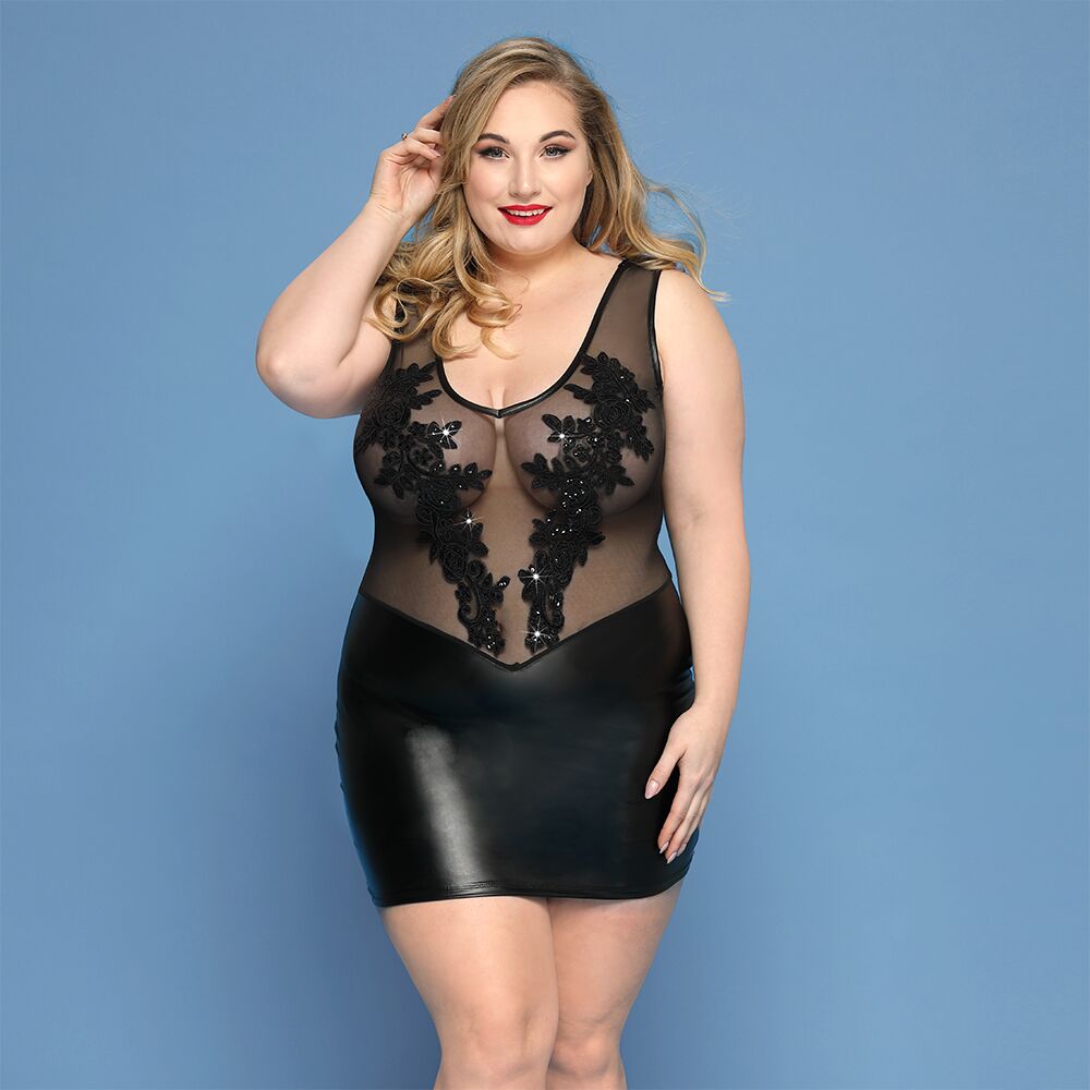 JSY (Китай) Елегантна сукня JSY «Леді Софія» Plus Size, black, дрібна сітка, вишивка, екошкіра