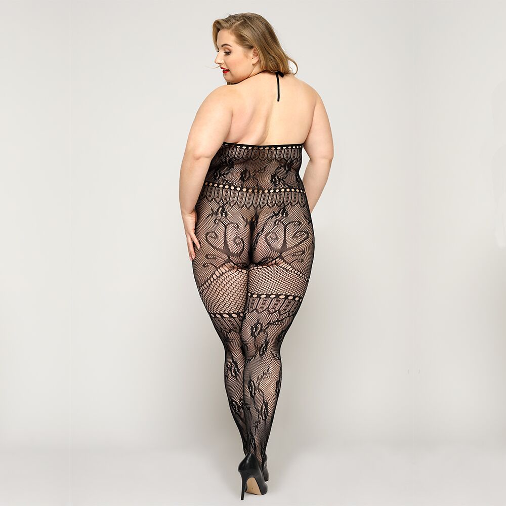 JSY (Китай) Мереживний бодістокінг JSY «Гаряча Хейлі» Plus Size, Black, халтер, імітація панчіх, відкритий досту
