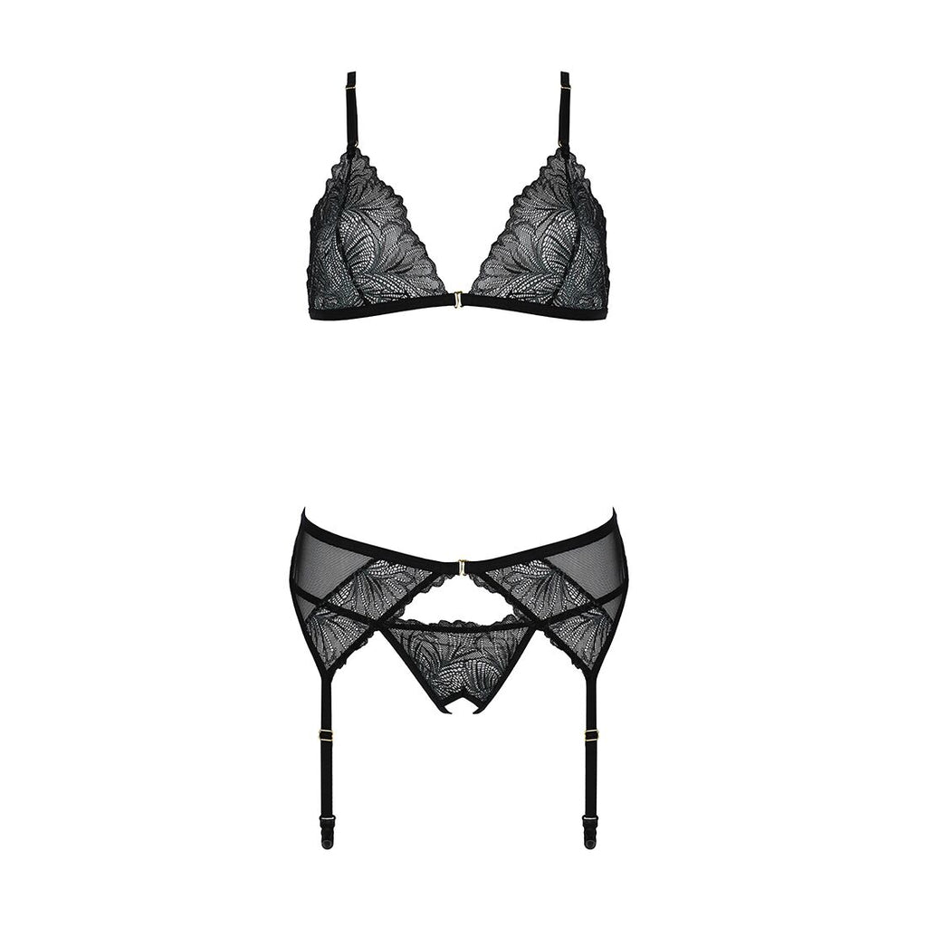 Passion (Польща) Комплект з відкритим доступом Passion DELIENA SET S/M black, ліф, стрінги, пояс для панчіх